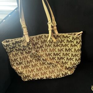 Michael Kors Beige and Brown MK Logo Tote with Gold Accent